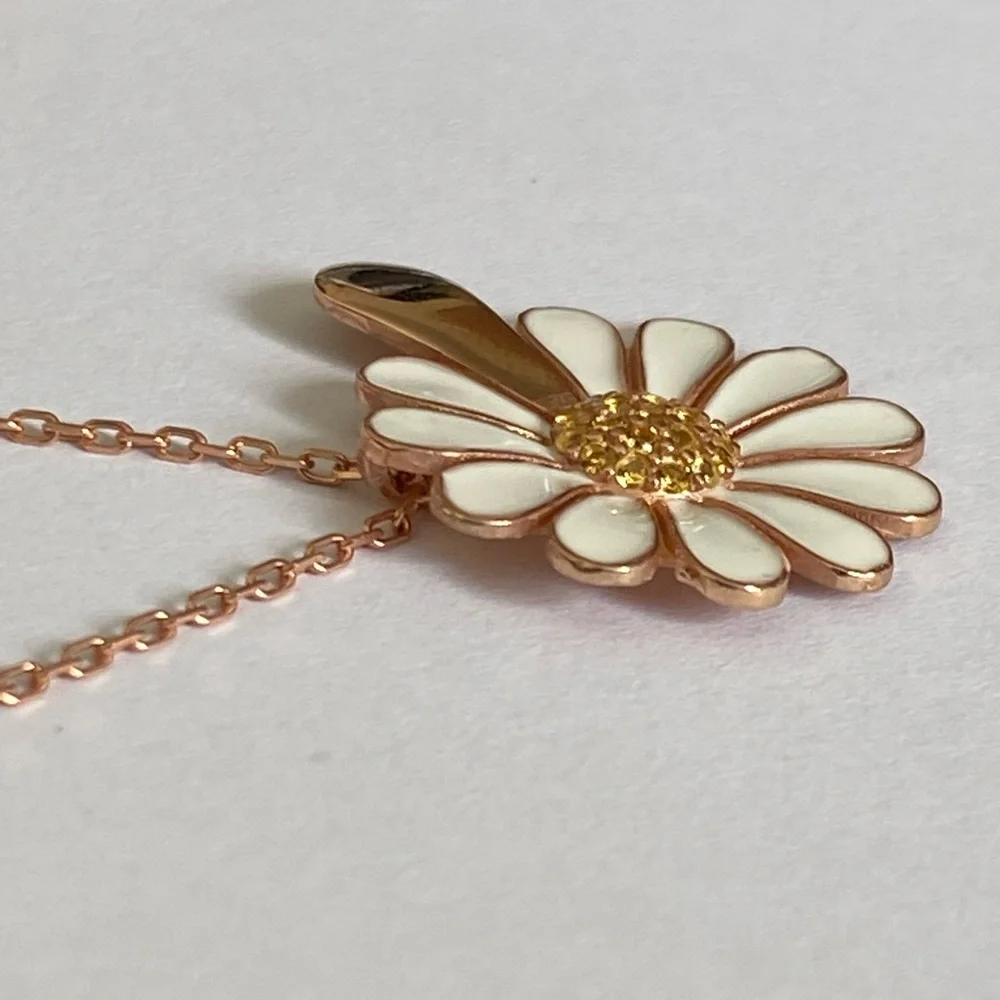 925 Silver daisy necklace cz initial handmade enamel 14k rose gold plated